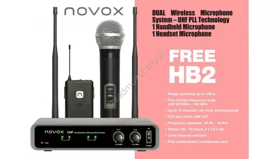 Novox Free HB2 ][ Zestaw bezprzewodowy z mikrofonem na głowę i do ręki